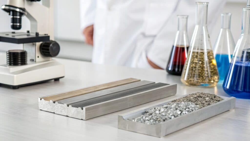 A split image showing an airplane wing component (2024) on one side and a welded ship hull plate (5083) on the other.